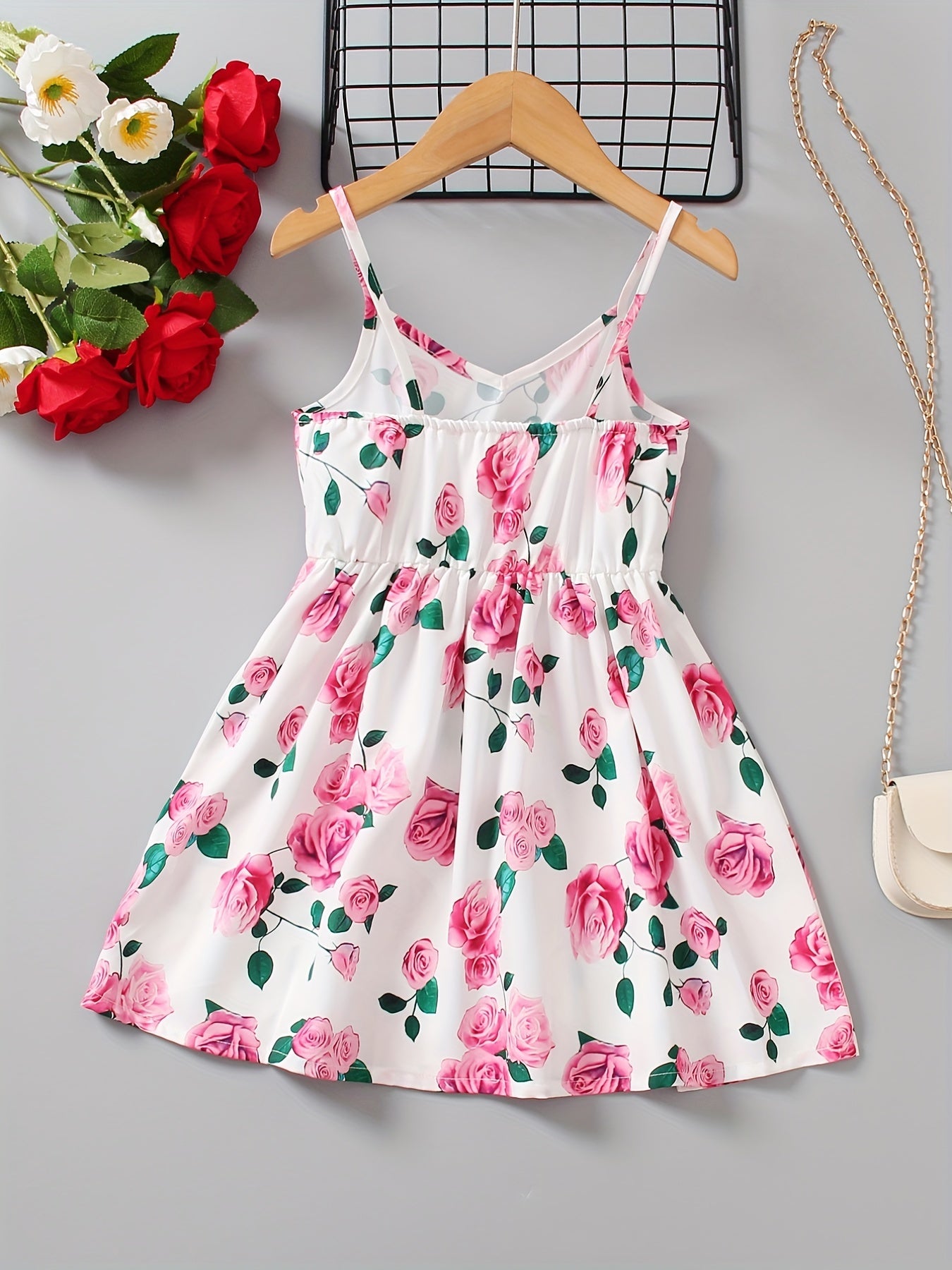 Girls Rose Print High Waist Cami Dress for Summer
