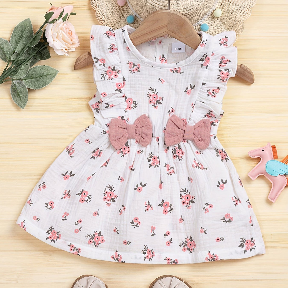 Cotton Bow Flutter Sleeve Floral Baby Dress