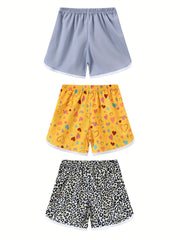 3pcs Girls Cat Floral Print Casual Quick Drying Shorts