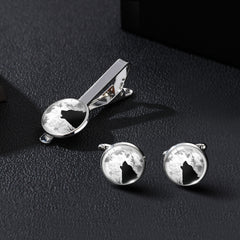 Moon & Wolf Stone Tie Clip & Cufflinks Set