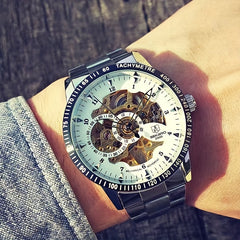 Transparent Bottom Automatic Mechanical Watch Steel Band