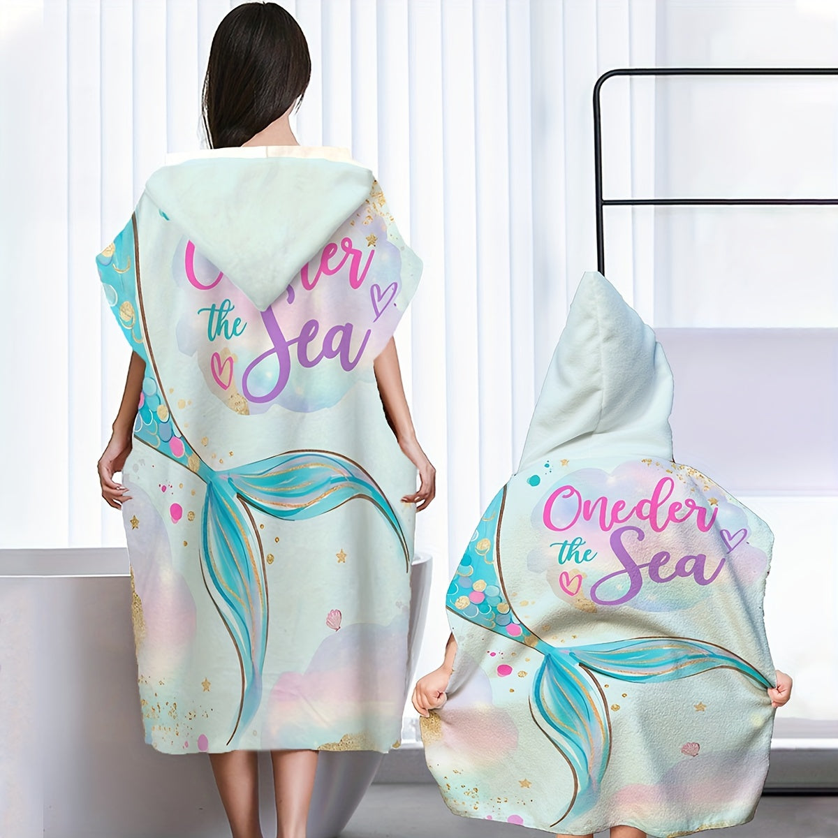Mermaid Printed Hooded Bathrobe Soft Microfiber Towel