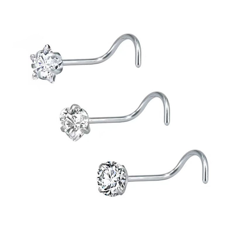 3 Pcs Heart Star Round Zircon Nose Rings Set Stainless Steel Cartilage Stud