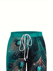  Peacock Print Drawstring Straight Leg Trousers