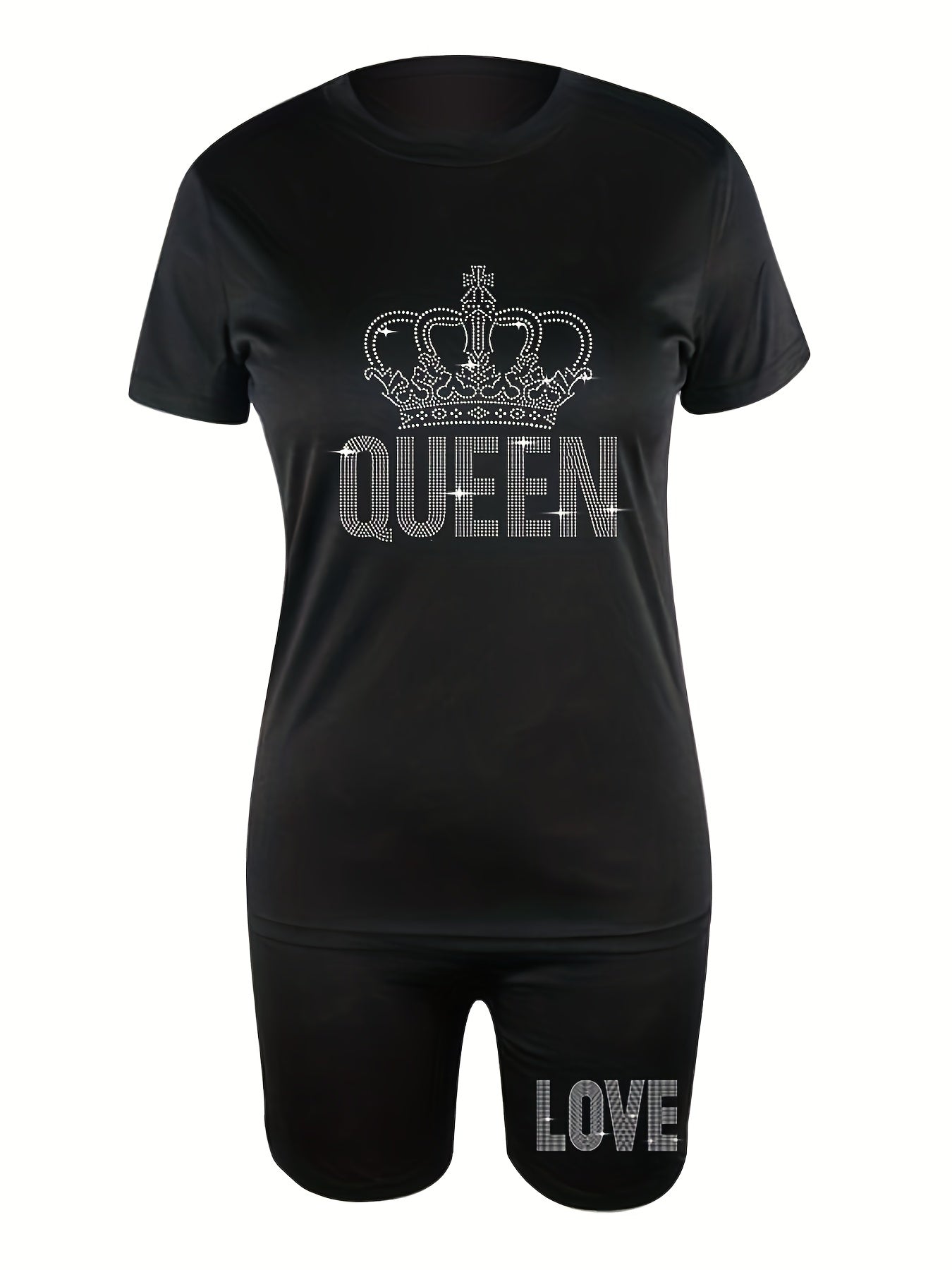 Women's Plus Rhinestone Crown & Letter Tee & Shorts Set