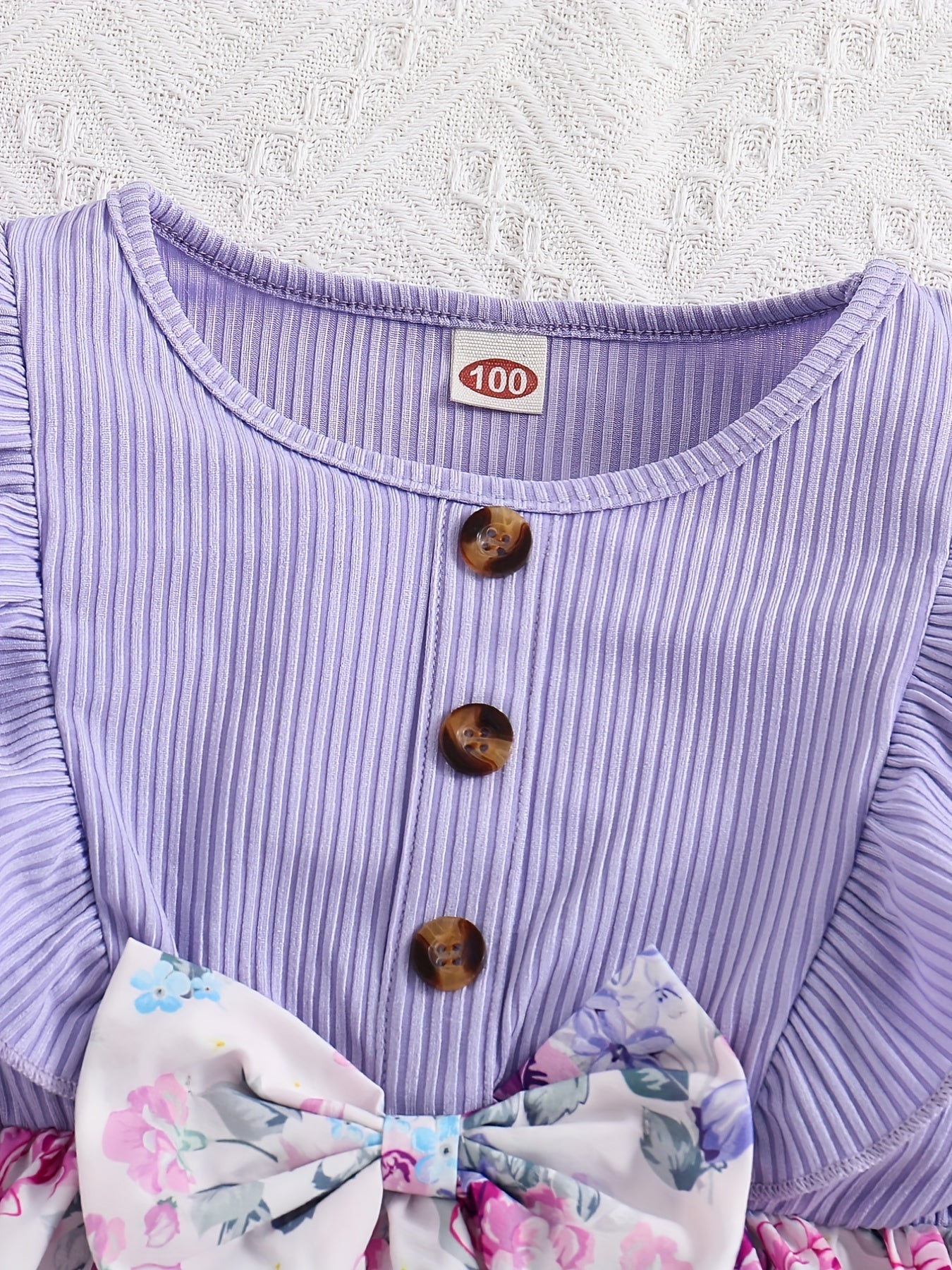 Girls Purple Flowers Print Long Sleeve Casual Dress