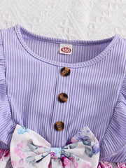 Girls Purple Flowers Print Long Sleeve Casual Dress