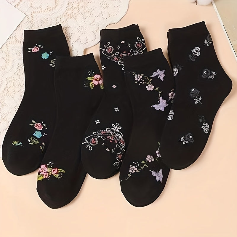 5 Pairs Floral Print Socks Comfy & Soft Crew Socks Women's Stockings