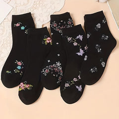 5 Pairs Floral Print Socks Comfy & Soft Crew Socks Women's Stockings