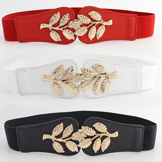 Metal Leaf Decoration Thin Elastic Waist Belt For Women