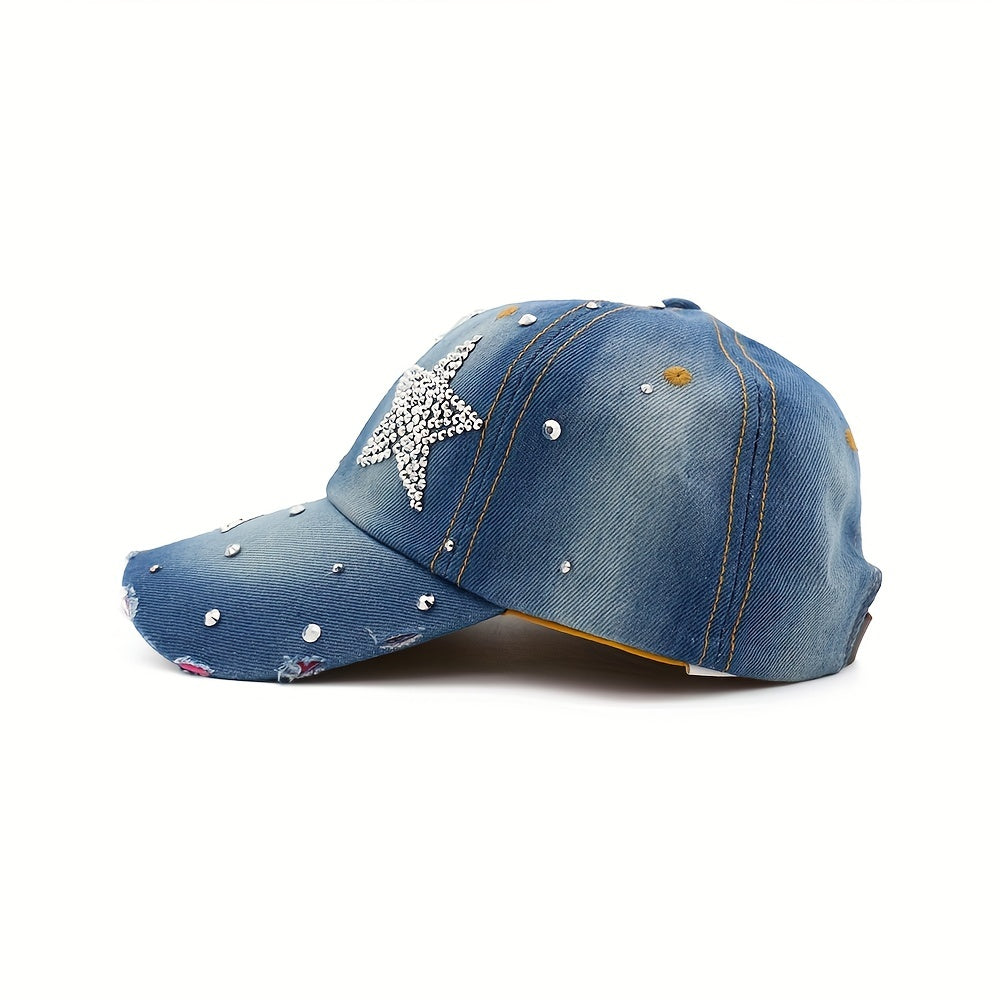 Rhinestone Star Ripped Baseball Cap Denim Washed Distressed Dad Hats Y2K