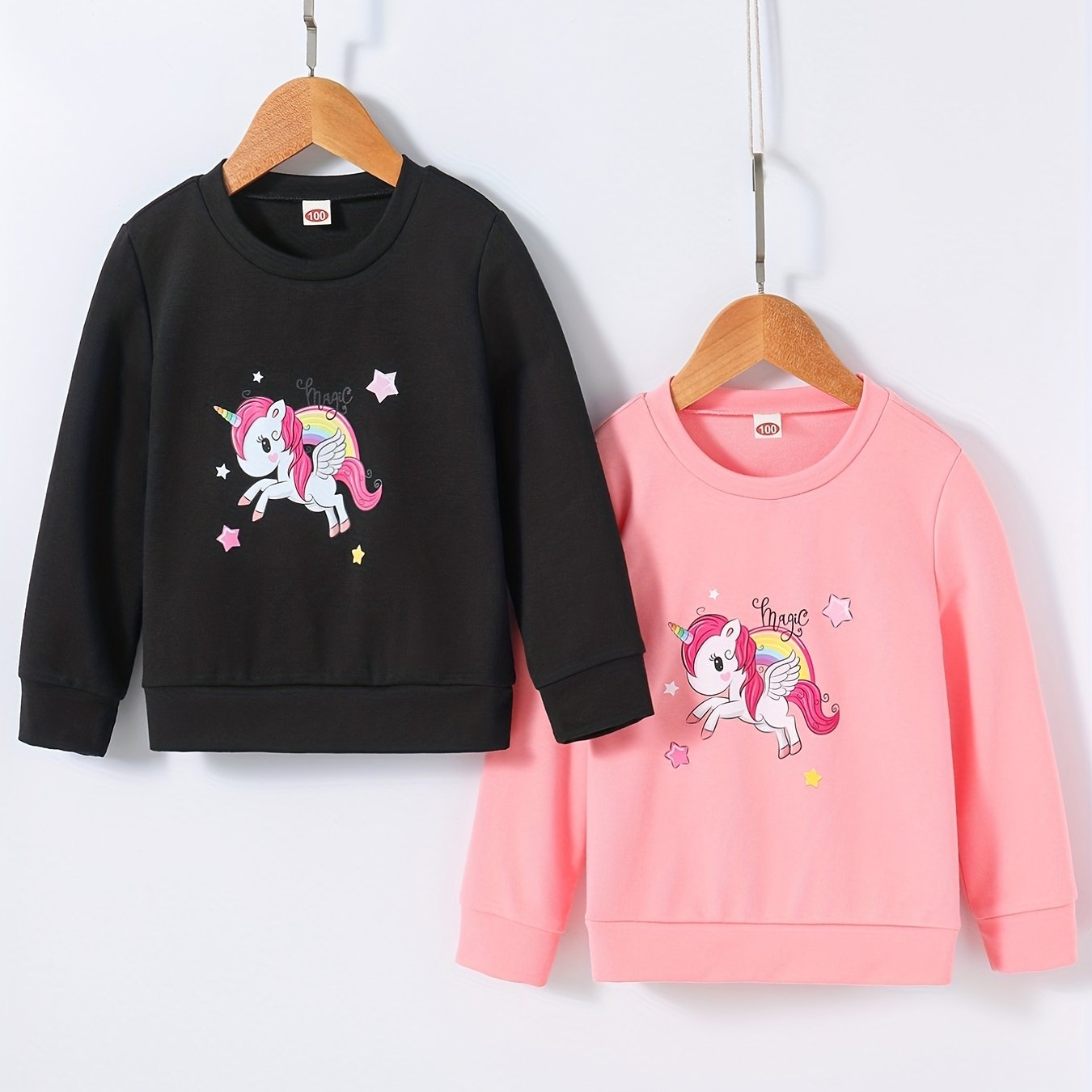 2pcs Girls Unicorn Print Crew Neck Sweatshirts Pullovers Set