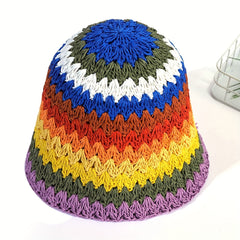 Striped Crochet Beanie Colorful Straw Cloche Hats Sun Shade Bucket Hats