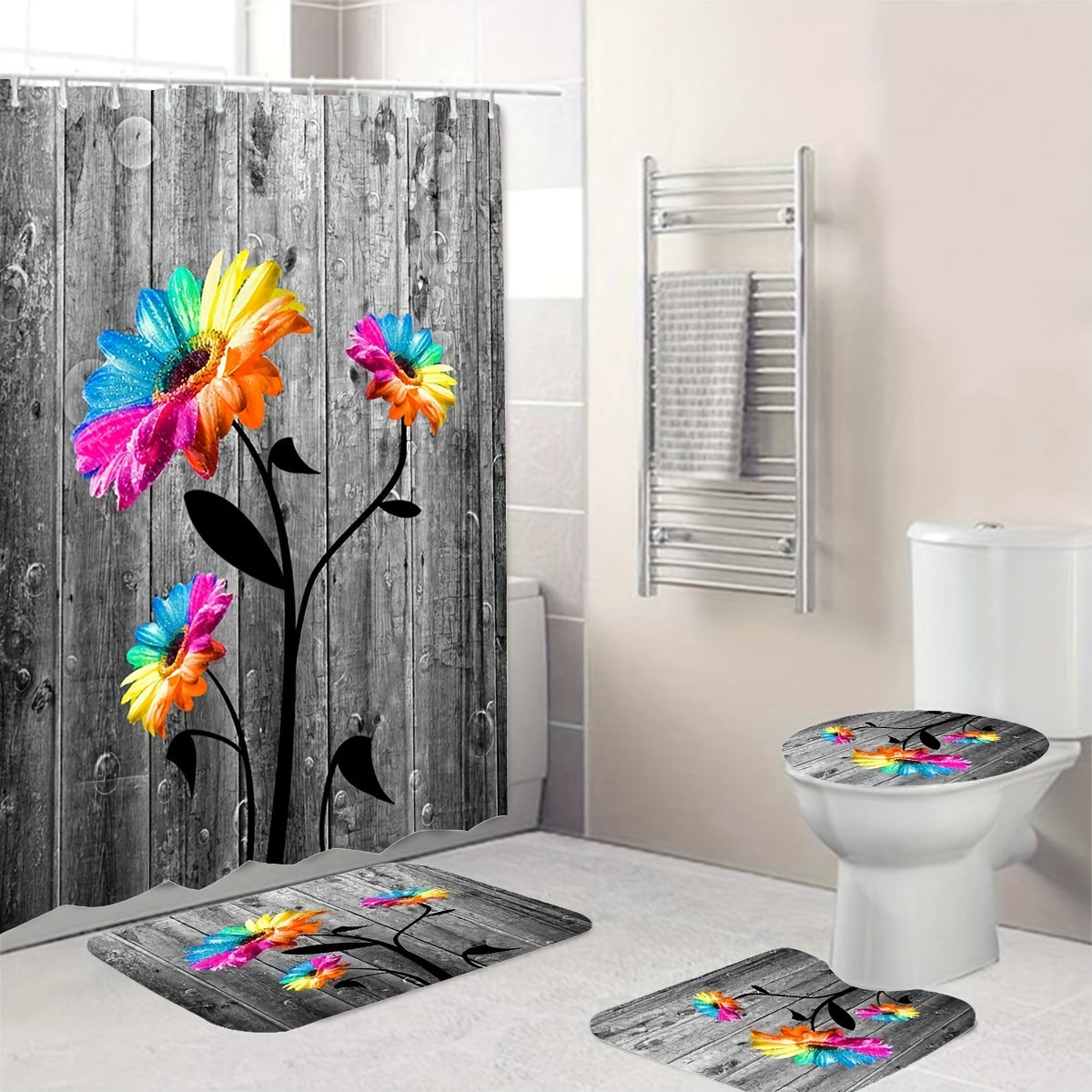 Seven Colored Flower Shower Curtain Set