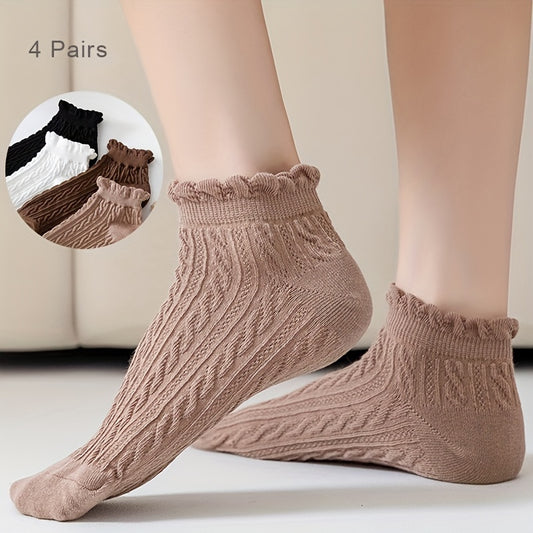 4 Pairs Floral Trim Ankle Socks Textured Causual Women's Stocking