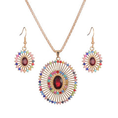 Sun Ray Pendant Necklace & Earrings Set Inlaid Gems Gift