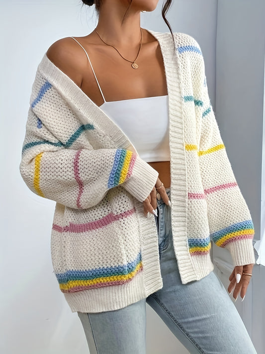 Colorful Stripe Open Front Cardigan Casual Dual Pockets Long Sleeve Cardigan