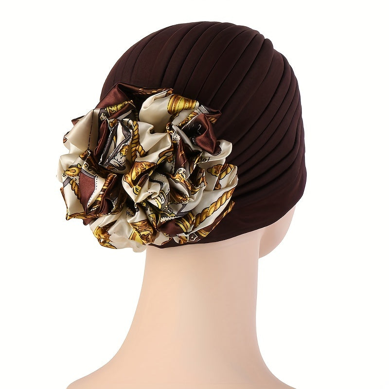 Pleated Turban Hat Ruffle Silk Flower Beanie Cap Head Wrap Bonnet Chemo Hats