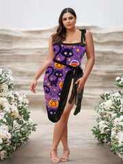  Cat & Pumpkin Print One Piece Swimsuit & Wrap Cover Up Set