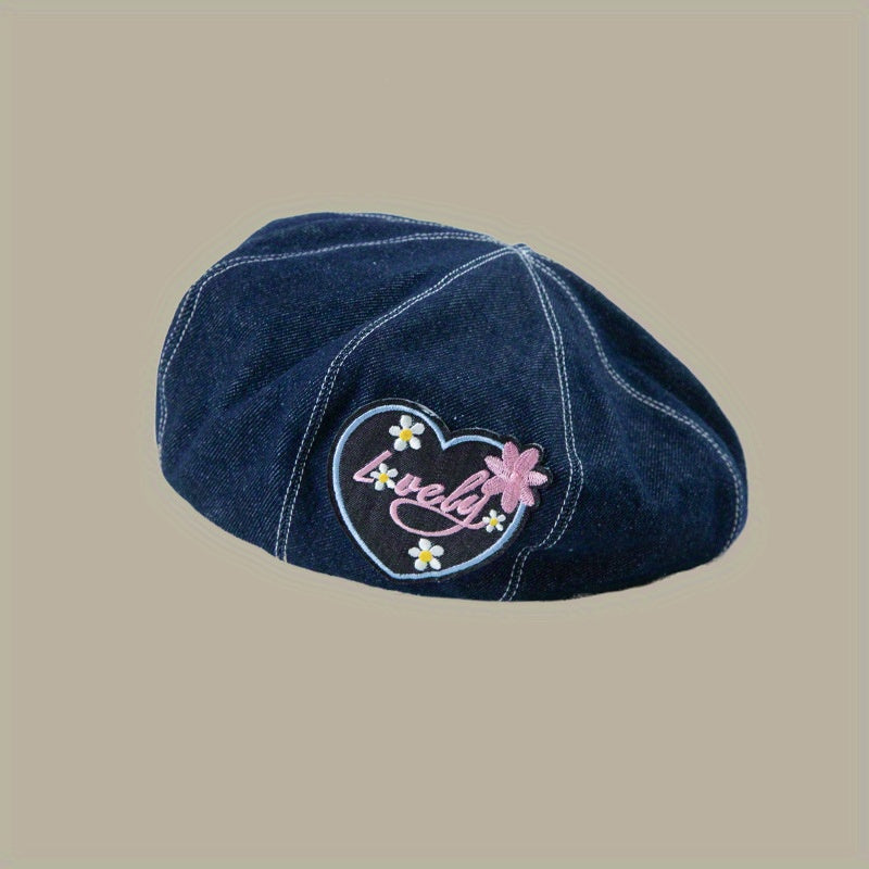 Lucky Heart Patch Beret Vintage Embroidery Washed Denim Painter Cap