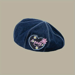 Lucky Heart Patch Beret Vintage Embroidery Washed Denim Painter Cap