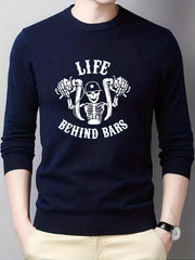 Skeleton Bike Print Knitted Sweater Men's Casual Warm Crew Neck Pullover
