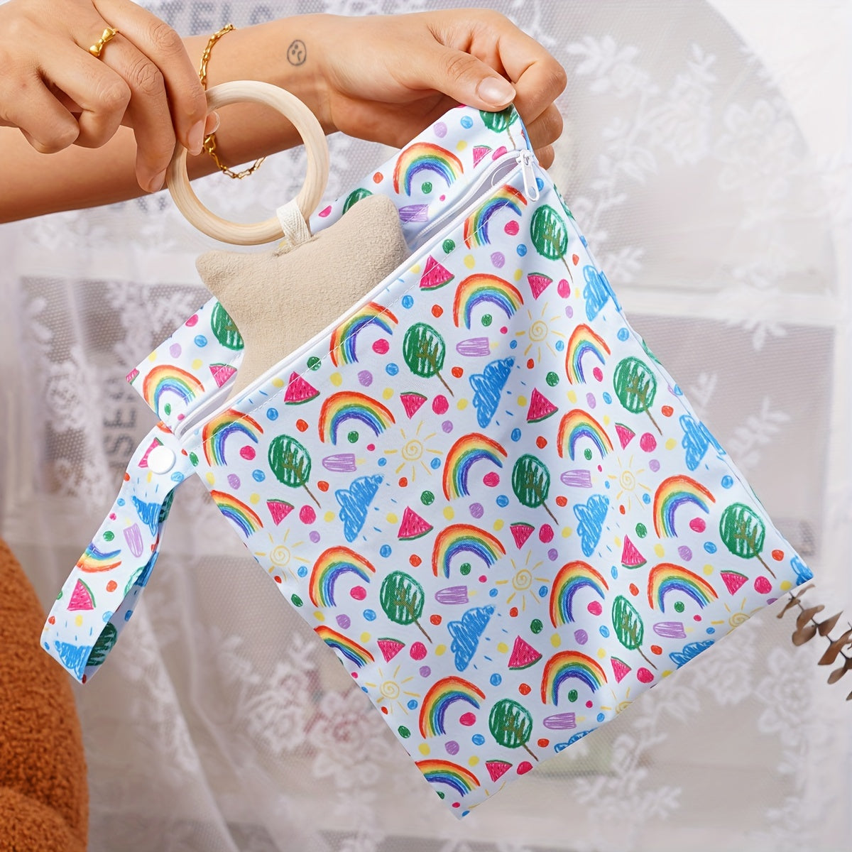 Colorful Rainbow & Leaf Wet Dry Bag Zippered Storage Pouch Durable Polyester