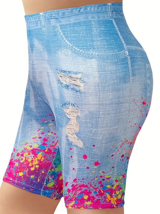  Denim & Splash Print High Rise Stretchy Skinny Shorts