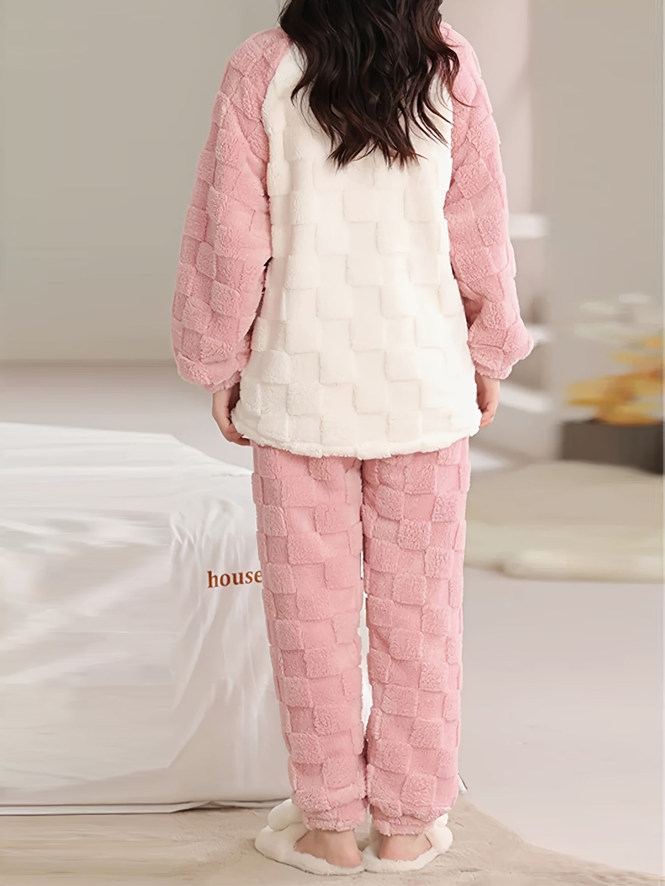Solid Fuzzy Lounge Set Crew Neck Top & Pants Women's Loungewear