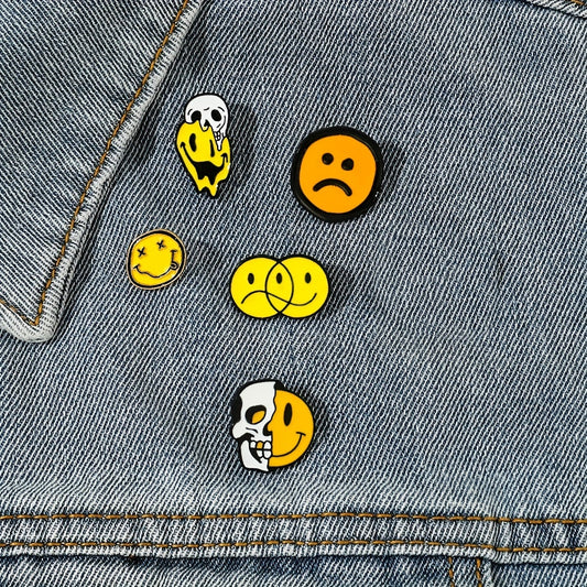 Boys Cartoon Skull Enamel Pin with Funny Smile and Angry Expression