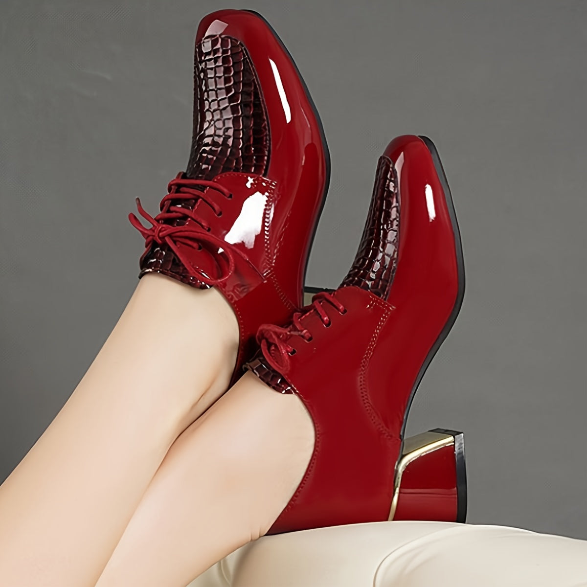 Women's Square Toe Block Heel Lace Up Mid Heels Faux Patent Leather Pumps