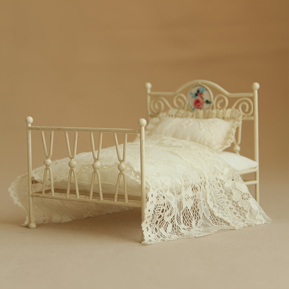 Vintage Iron Bed w/ Floral Headboard & Pink Blanket