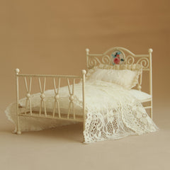 Vintage Iron Bed w/ Floral Headboard & Pink Blanket