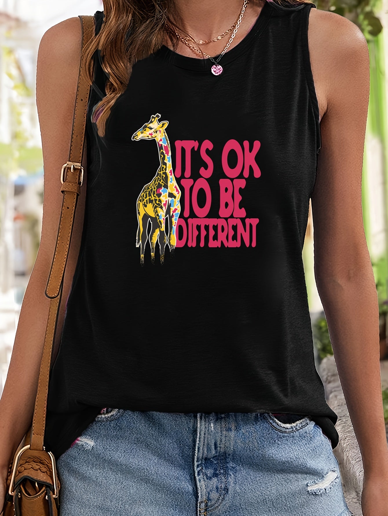 Giraffe & Letter Print Sleeveless Sports Vest Round Neck Stretchy