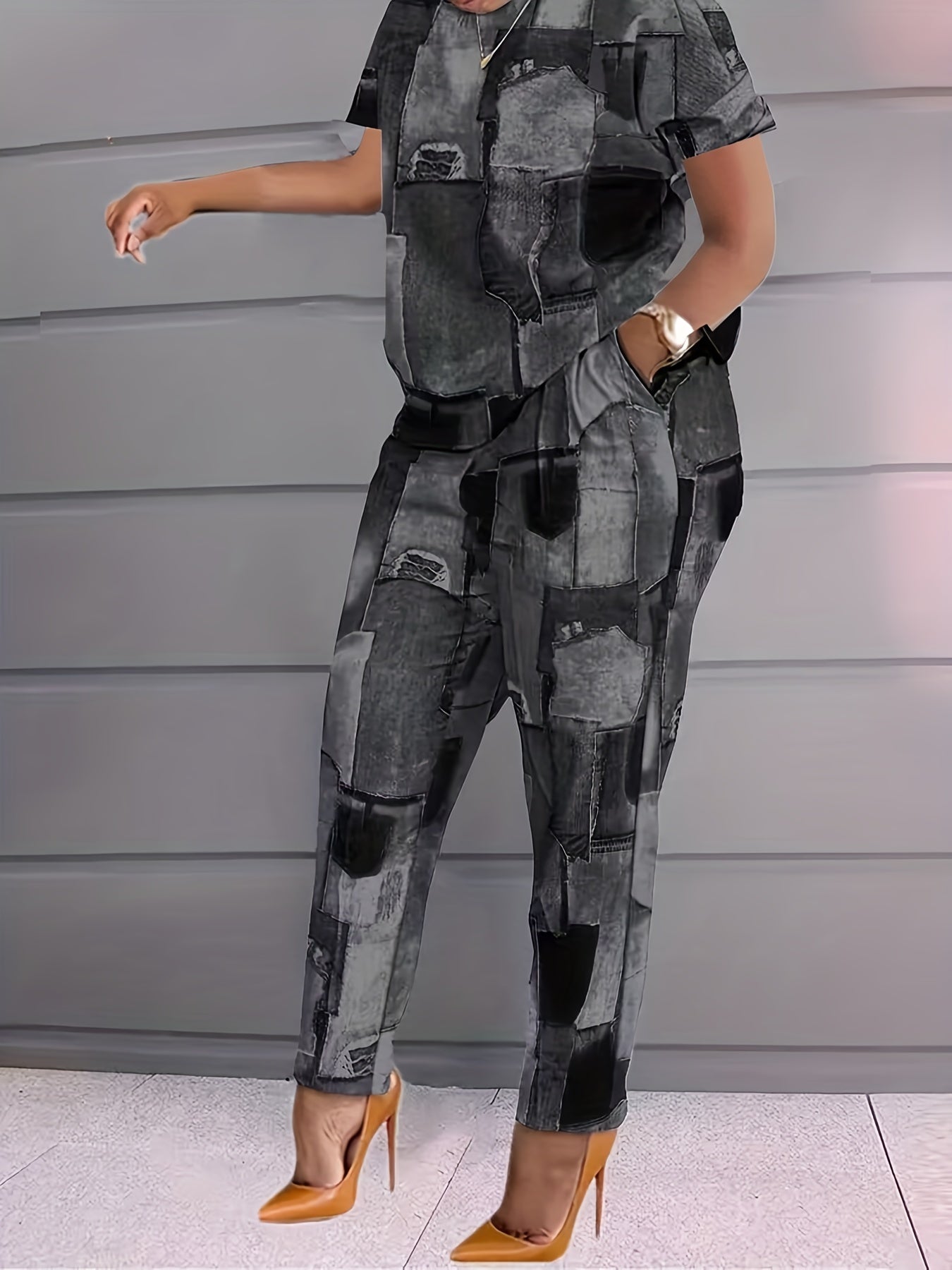 Denim Print Two Piece Set Short Sleeve T shirt & High Waist Pants Outfits