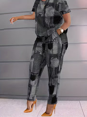 Denim Print Two Piece Set Short Sleeve T shirt & High Waist Pants Outfits