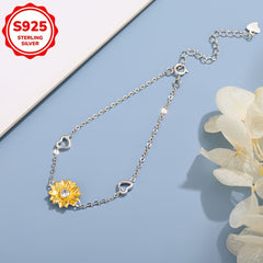 Sunflower & Heart Charm Bracelet with CZ 925 Sterling Silver