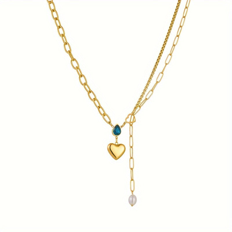 Stainless Steel Heart & Water Droplet Charm Necklace