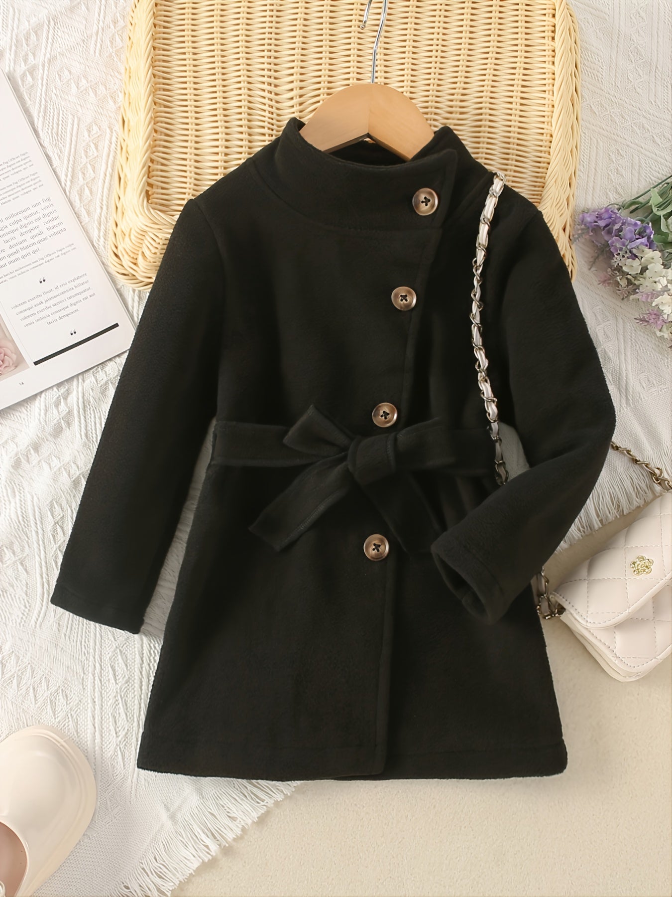 Baby Girls Solid Jacket Stand Collar Bow Belt Long Sleeve Button Warm Coat