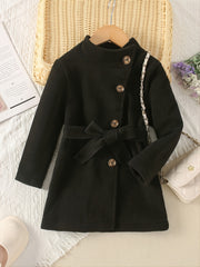 Baby Girls Solid Jacket Stand Collar Bow Belt Long Sleeve Button Warm Coat