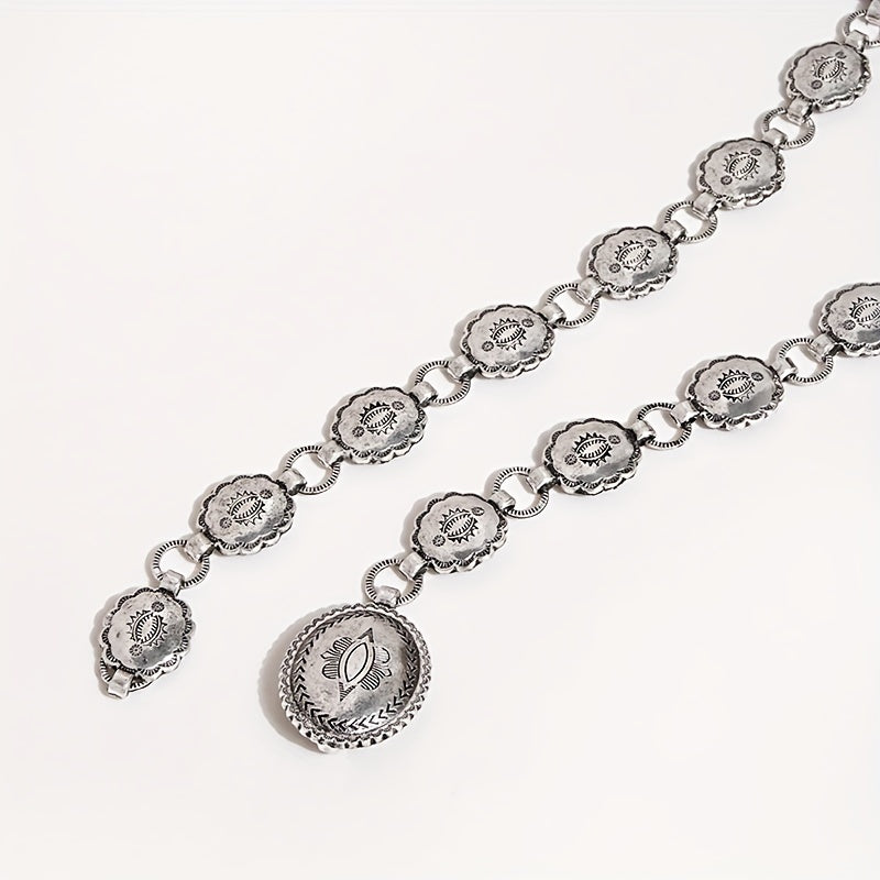 Boho Carved Waist Chain Vintage Silvery Metal Chain Belt Adjustable Body Jewelry