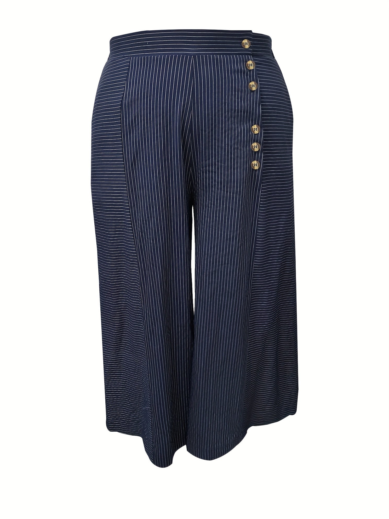  Stripe Print Wide Leg Button Up Loose Pants