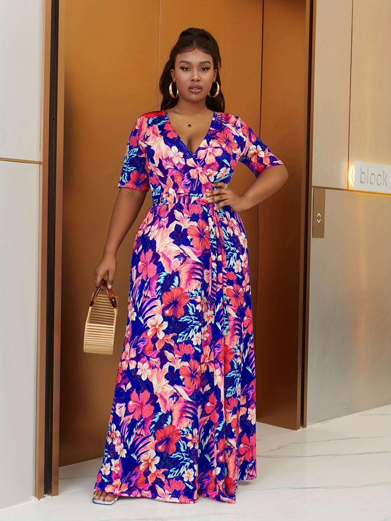  Flower Print High Waist Wrap Maxi Dress