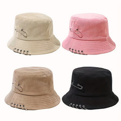 Unisex Hip Hop Bucket Hat Pin Brooch Decor Solid Cotton Basin Hat
