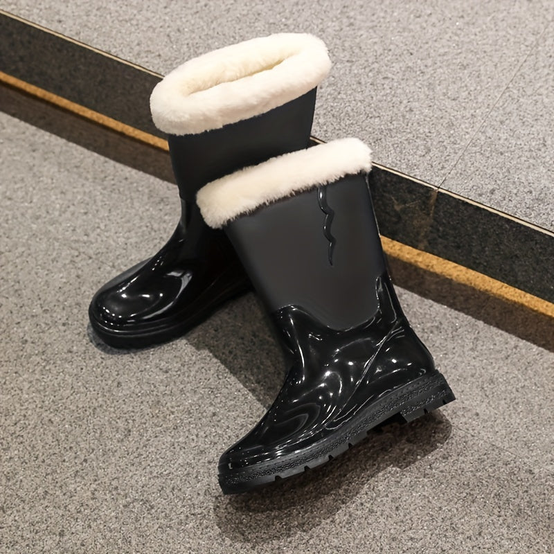 Women's Fleece Liner Rain Boots Slip on Mid Calf Boots