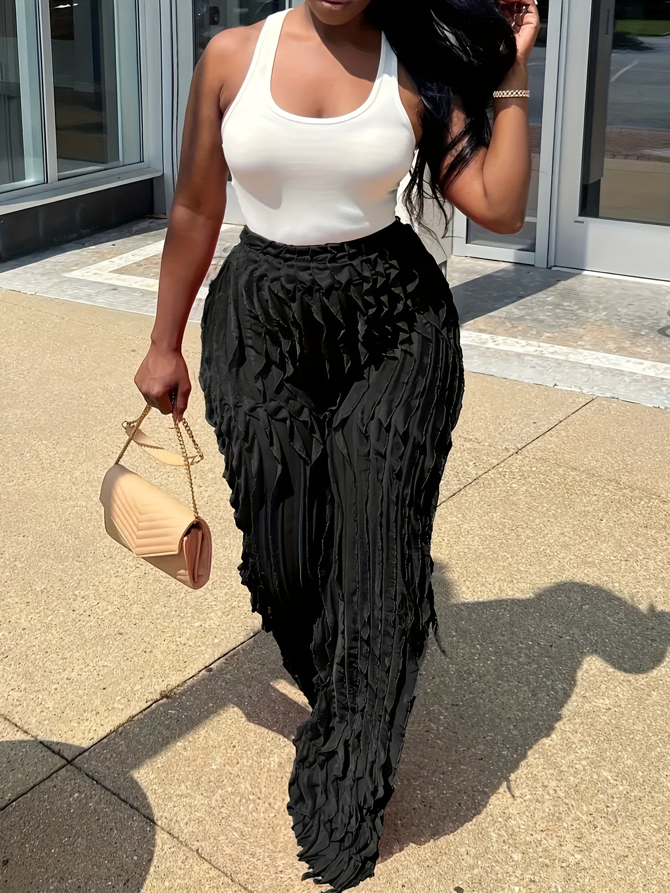  Solid High Rise Wide Leg Ruffle Trim Pants