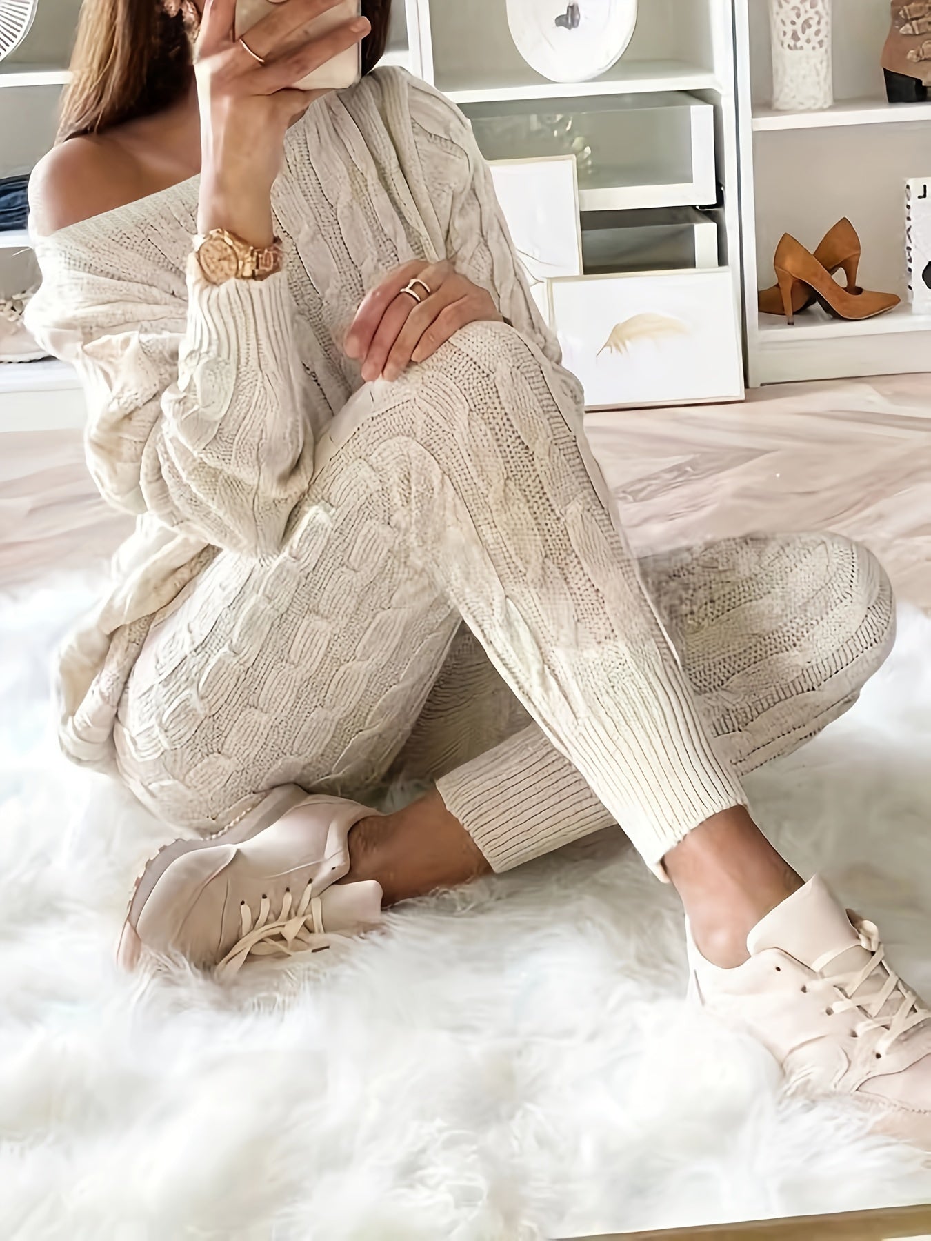 Solid Knitted Two piece Set Long Sleeve Sweater & Pants