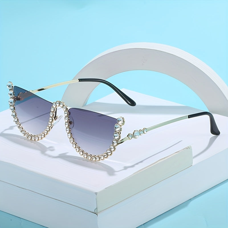 Rhinestone Semi Rimless Sunglasses for Women UV400 Sun Shades Glasses