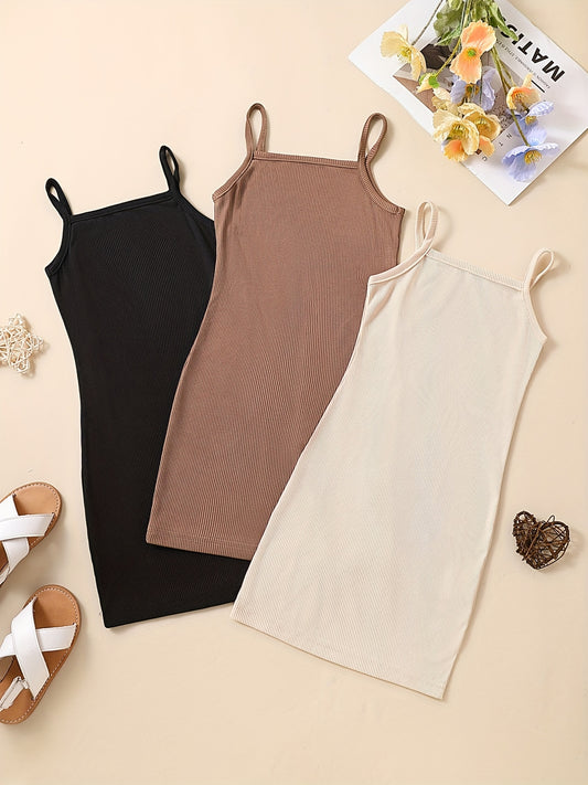 3pcs Toddler Girls Ribbed Cami Dress Party Summer Clothes
