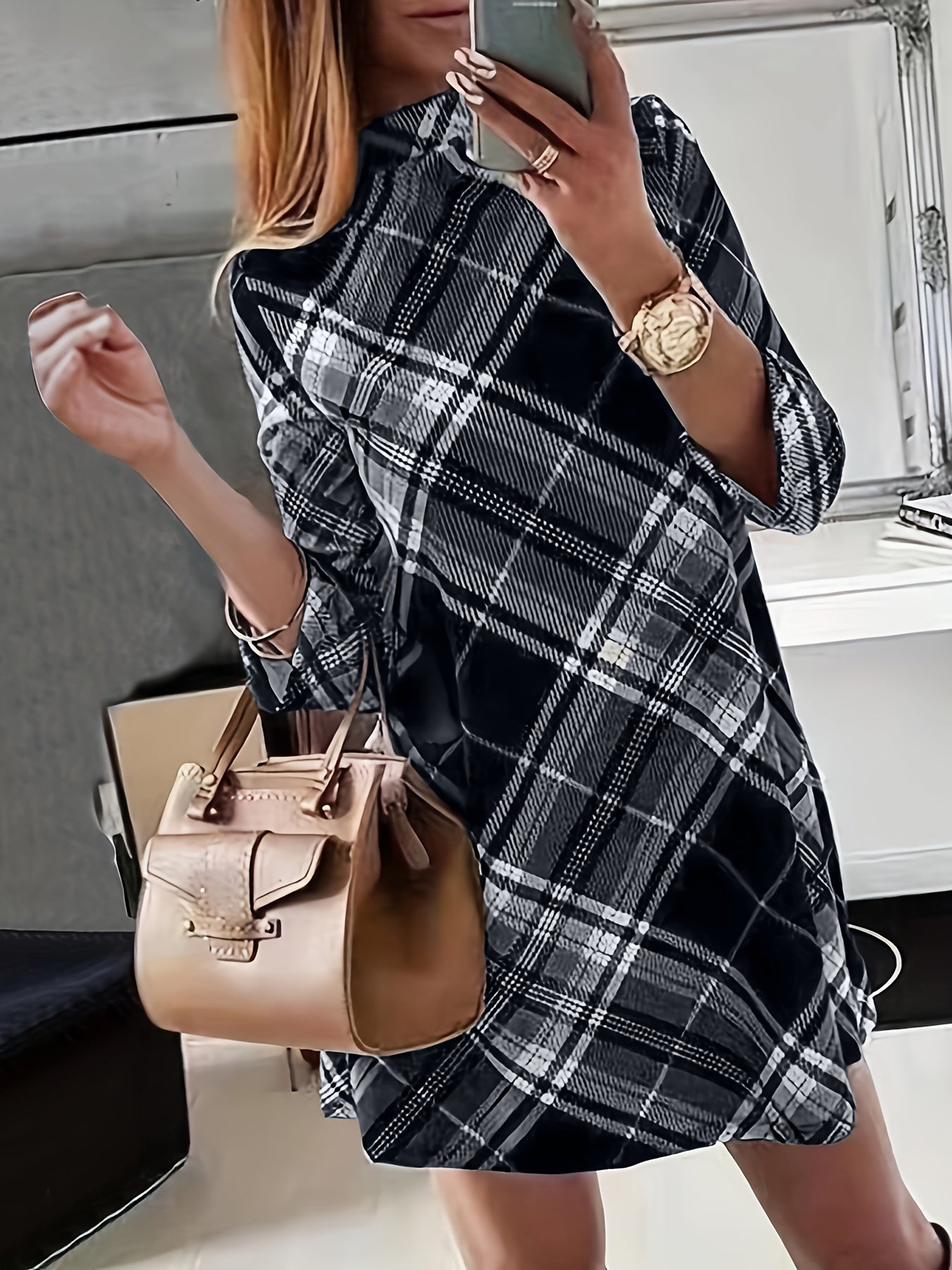  Plaid Print Half Sleeve Mock Neck Mini Dress
